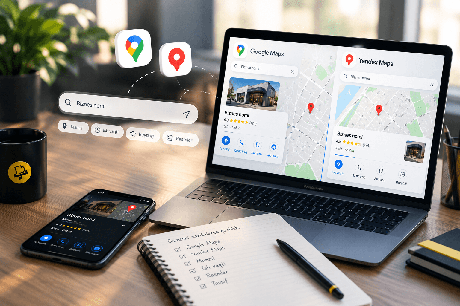Google, Yandex Maps va 2GIS xaritalariga joylash va yuritish